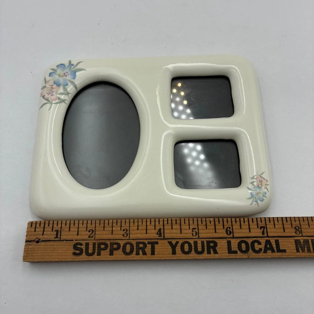 Vintage 1984 Fetco Ceramic Floral 3 Opening Collage Picture Frame Cream 7.5x5.5
